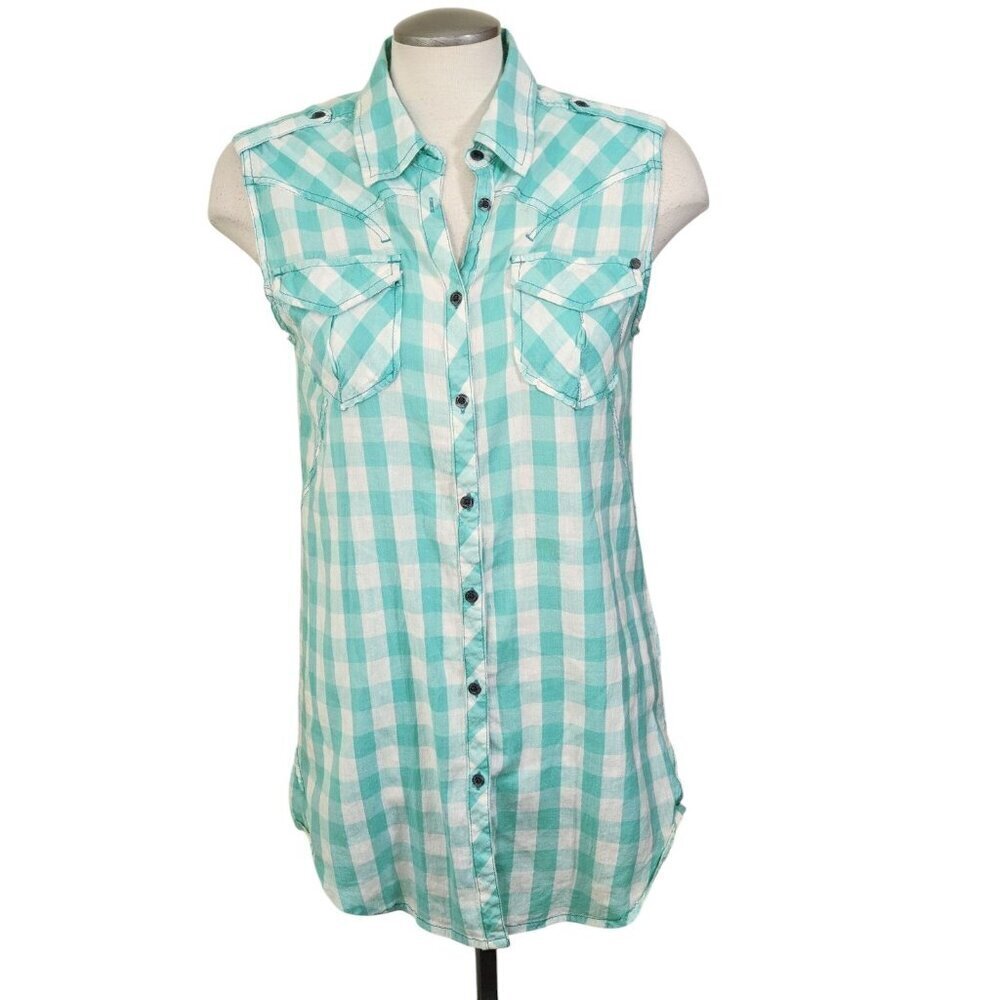 Vintage Womens Med Cotton Button Down Gingham Sleeveless Top Pockets Epaulettes